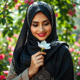 A sensual portrayal of a Muslim woman in traditional attire, exuding elegance and charm with intricate patterns on her hijab