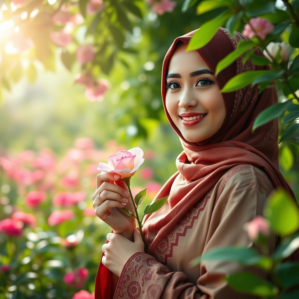 A sensual portrayal of a Muslim woman in traditional attire, exuding elegance and charm with intricate patterns on her hijab