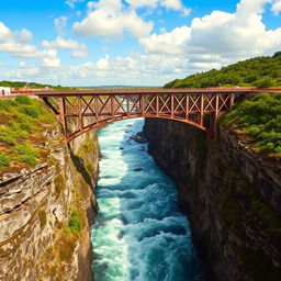 An old bridge spanning across a deep gorge, situated in the center of the scene