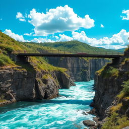 An old bridge spanning across a deep gorge, situated in the center of the scene