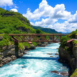 An old bridge spanning across a deep gorge, situated in the center of the scene