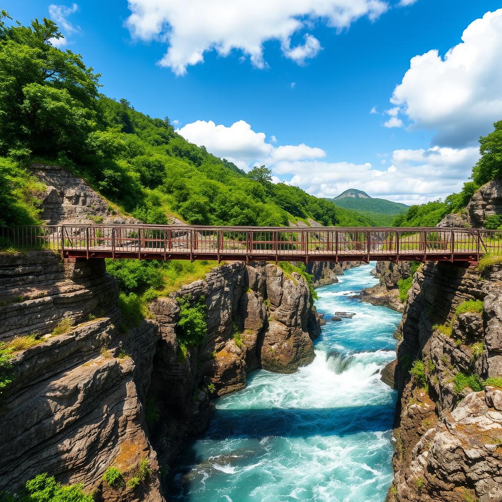 An old bridge spanning across a deep gorge, situated in the center of the scene