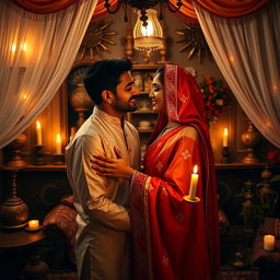 A sensual and romantic scene depicting a loving couple of Hindu and Muslim descent, embracing in a beautifully decorated room filled with intricate cultural artifacts, rich fabrics, and warm colors that create an inviting atmosphere
