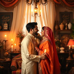 A sensual and romantic scene depicting a loving couple of Hindu and Muslim descent, embracing in a beautifully decorated room filled with intricate cultural artifacts, rich fabrics, and warm colors that create an inviting atmosphere