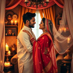 A sensual and romantic scene depicting a loving couple of Hindu and Muslim descent, embracing in a beautifully decorated room filled with intricate cultural artifacts, rich fabrics, and warm colors that create an inviting atmosphere
