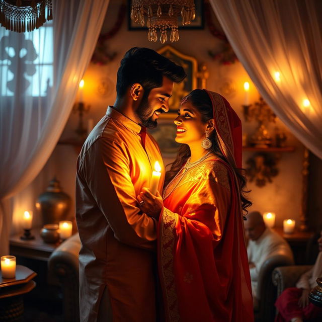 A sensual and romantic scene depicting a loving couple of Hindu and Muslim descent, embracing in a beautifully decorated room filled with intricate cultural artifacts, rich fabrics, and warm colors that create an inviting atmosphere