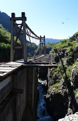 An old and dilapidated bridge spanning a deep gorge, showcasing its weathered wooden planks and rusted metal supports