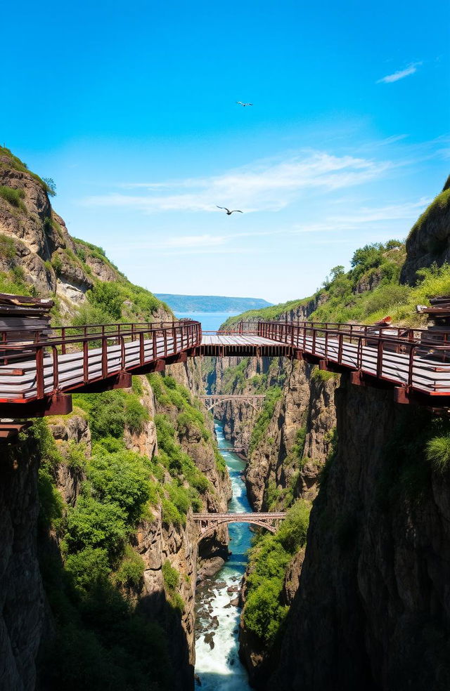 An old and dilapidated bridge spanning a deep gorge, showcasing its weathered wooden planks and rusted metal supports