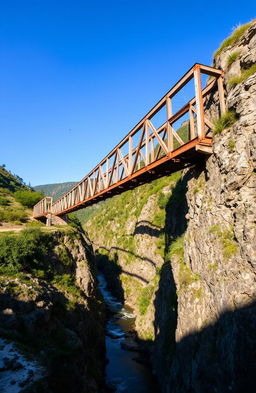 An old and dilapidated bridge spanning a deep gorge, showcasing its weathered wooden planks and rusted metal supports