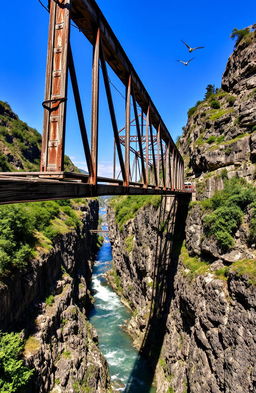An old and dilapidated bridge spanning a deep gorge, showcasing its weathered wooden planks and rusted metal supports