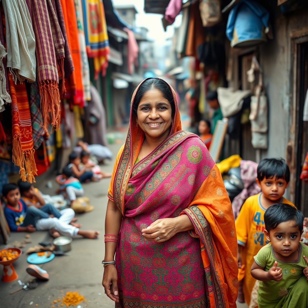 A Pakistani woman dressed in vibrant traditional clothing, showcasing a beautiful blend of colors and patterns, stands confidently in a lively slum setting