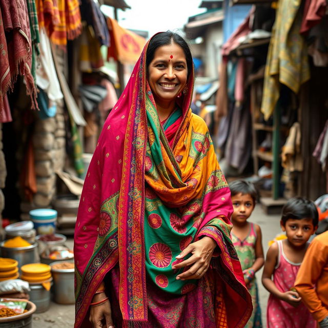 A Pakistani woman dressed in vibrant traditional clothing, showcasing a beautiful blend of colors and patterns, stands confidently in a lively slum setting