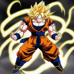 A high-quality digital art image of Goku from Dragonball Z in his Super Saiyan 3 transformation