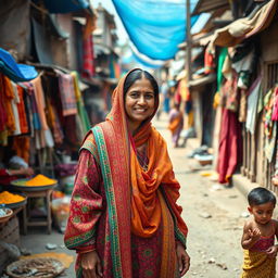 A Pakistani woman dressed in vibrant traditional clothing, showcasing a beautiful blend of colors and patterns, stands confidently in a lively slum setting