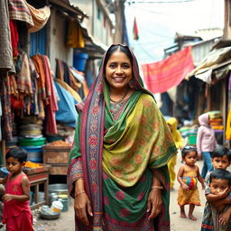 A Pakistani woman dressed in vibrant traditional clothing, showcasing a beautiful blend of colors and patterns, stands confidently in a lively slum setting