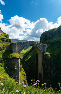 An ancient, weathered medieval bridge spanning over a deep ravine