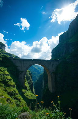 An ancient, weathered medieval bridge spanning over a deep ravine