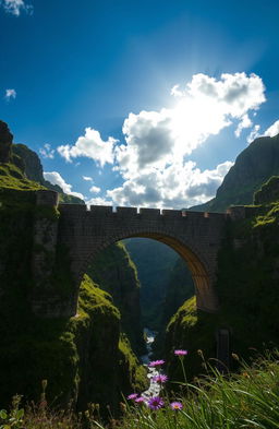 An ancient, weathered medieval bridge spanning over a deep ravine