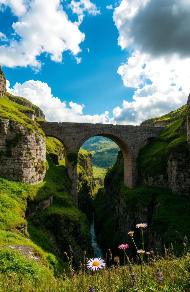 An ancient, weathered medieval bridge spanning over a deep ravine