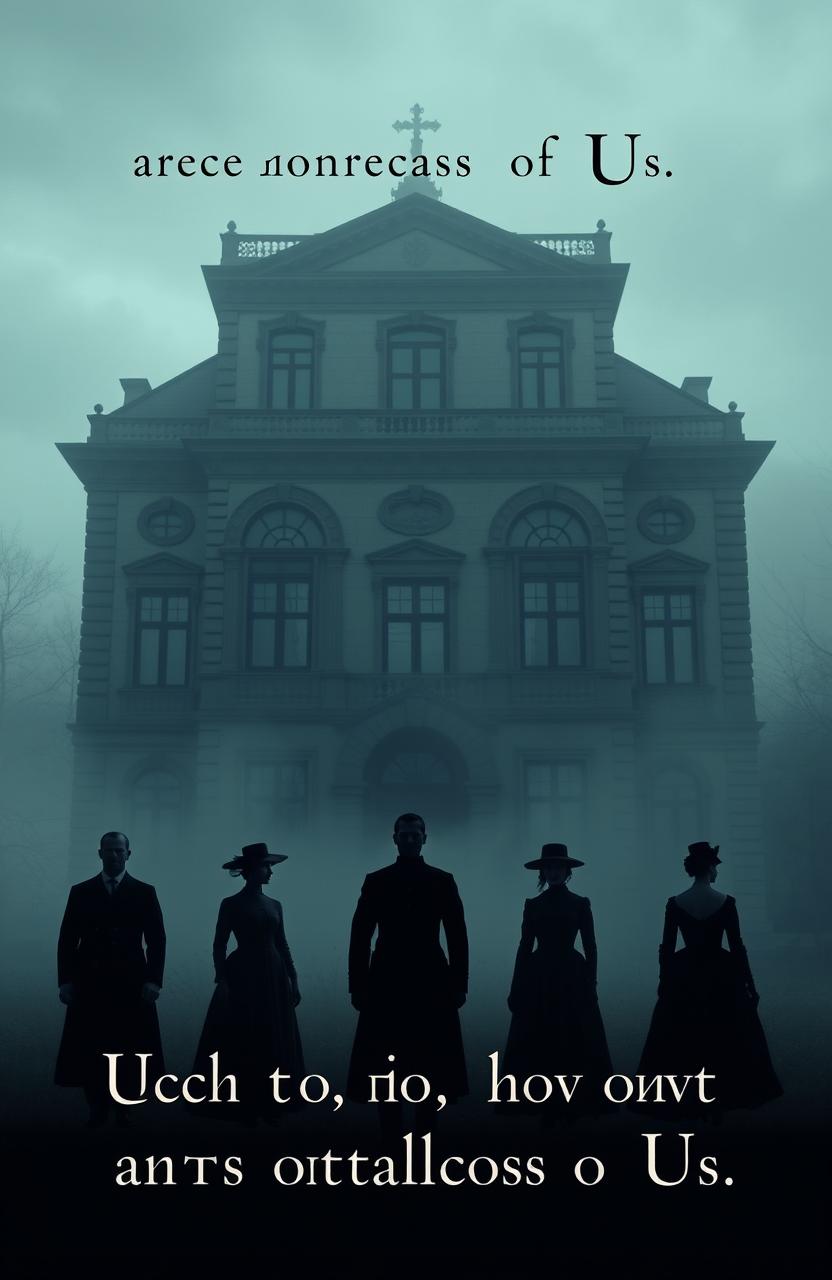 A moody, atmospheric scene featuring six silhouettes in fog: three men and three women dressed in 19th century clothing, standing in front of a large three-story 19th century building