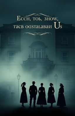 A moody, atmospheric scene featuring six silhouettes in fog: three men and three women dressed in 19th century clothing, standing in front of a large three-story 19th century building