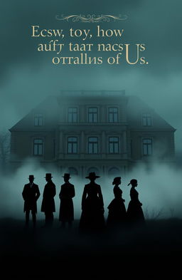A moody, atmospheric scene featuring six silhouettes in fog: three men and three women dressed in 19th century clothing, standing in front of a large three-story 19th century building