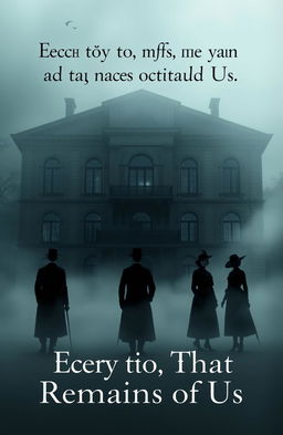 A moody, atmospheric scene featuring six silhouettes in fog: three men and three women dressed in 19th century clothing, standing in front of a large three-story 19th century building