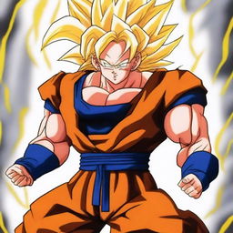 A high-quality digital art image of Goku from Dragonball Z in his Super Saiyan 3 transformation