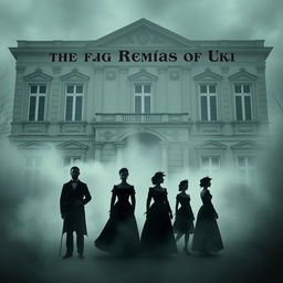 A mysterious, atmospheric cover design featuring six silhouettes in fog: three men and three women dressed in elegant 19th century clothing, set against the backdrop of a grand three-story building from the 19th century