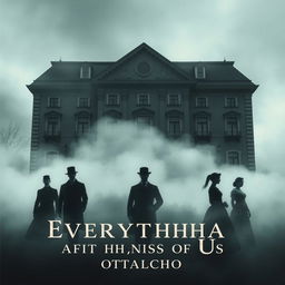 A mysterious, atmospheric cover design featuring six silhouettes in fog: three men and three women dressed in elegant 19th century clothing, set against the backdrop of a grand three-story building from the 19th century