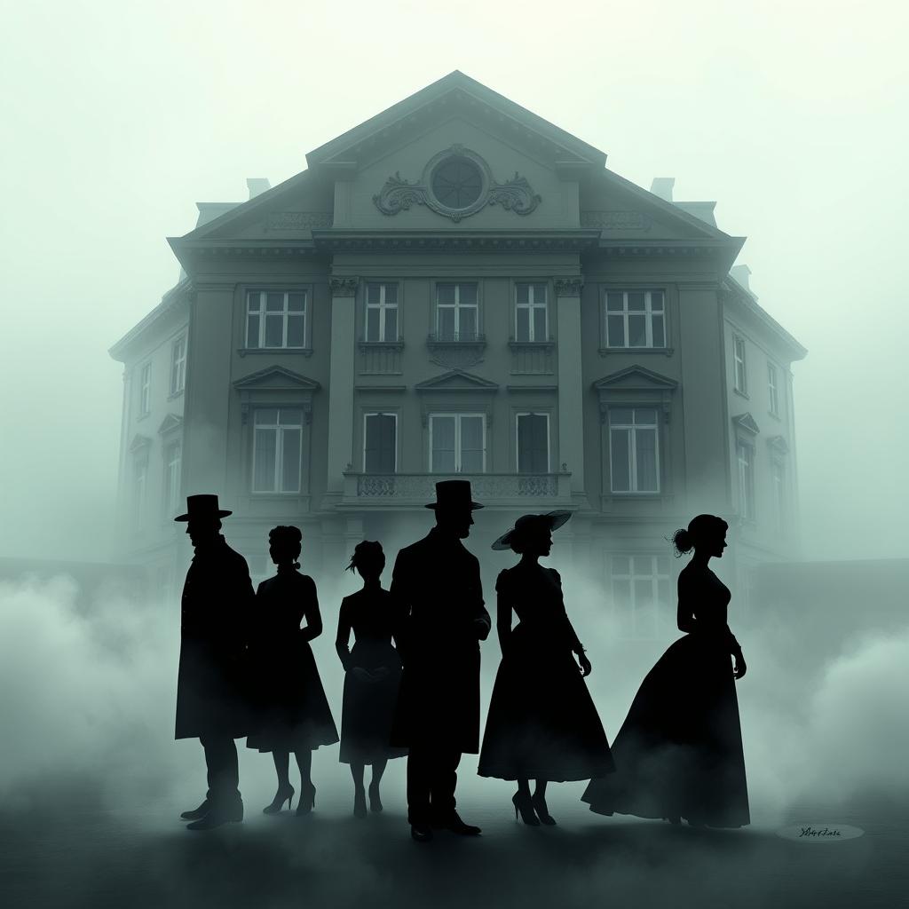 A mysterious, atmospheric cover design featuring six silhouettes in fog: three men and three women dressed in elegant 19th century clothing, set against the backdrop of a grand three-story building from the 19th century