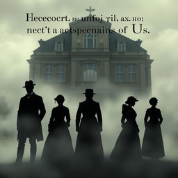 A mysterious, atmospheric cover design featuring six silhouettes in fog: three men and three women dressed in elegant 19th century clothing, set against the backdrop of a grand three-story building from the 19th century