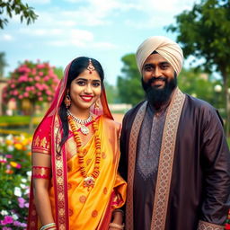 A beautiful and harmonious scene showcasing a Hindu lady dressed in vibrant traditional attire, wearing intricate jewelry, alongside a Muslim man in elegant cultural dress with a turban