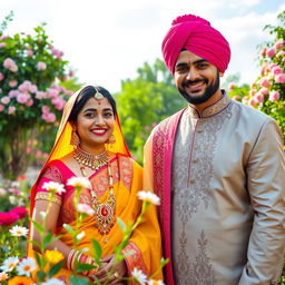 A beautiful and harmonious scene showcasing a Hindu lady dressed in vibrant traditional attire, wearing intricate jewelry, alongside a Muslim man in elegant cultural dress with a turban