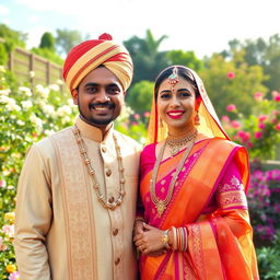 A beautiful and harmonious scene showcasing a Hindu lady dressed in vibrant traditional attire, wearing intricate jewelry, alongside a Muslim man in elegant cultural dress with a turban