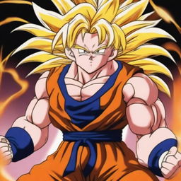 A high-quality digital art image of Goku from Dragonball Z in his Super Saiyan 3 transformation