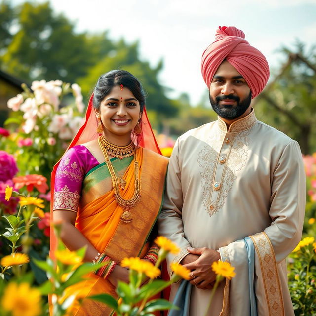 A beautiful and harmonious scene showcasing a Hindu lady dressed in vibrant traditional attire, wearing intricate jewelry, alongside a Muslim man in elegant cultural dress with a turban