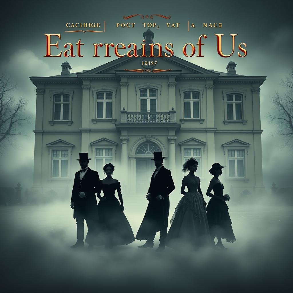 An enchanting cover design showcasing six silhouettes emerging from a misty fog, with three men and three women adorned in exquisite 19th century attire