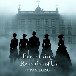 A captivating book cover design featuring six silhouettes in a dense fog, showcasing three men and three women elegantly attired in 19th century clothing