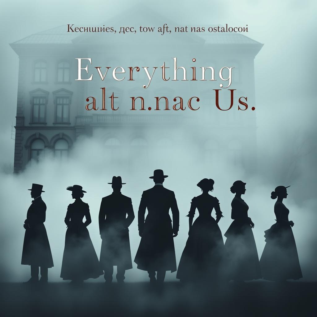 A captivating book cover design featuring six silhouettes in a dense fog, showcasing three men and three women elegantly attired in 19th century clothing