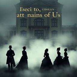 A captivating book cover design featuring six silhouettes in a dense fog, showcasing three men and three women elegantly attired in 19th century clothing