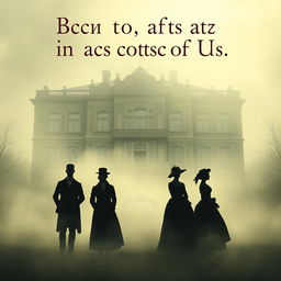 A captivating book cover design featuring six silhouettes in a dense fog, showcasing three men and three women elegantly attired in 19th century clothing