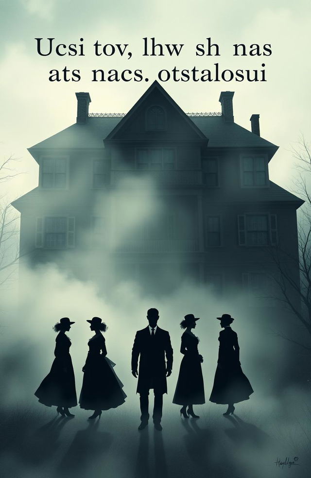 A mysterious and atmospheric cover illustration featuring six silhouettes shrouded in fog against the backdrop of a large three-story 19th-century house