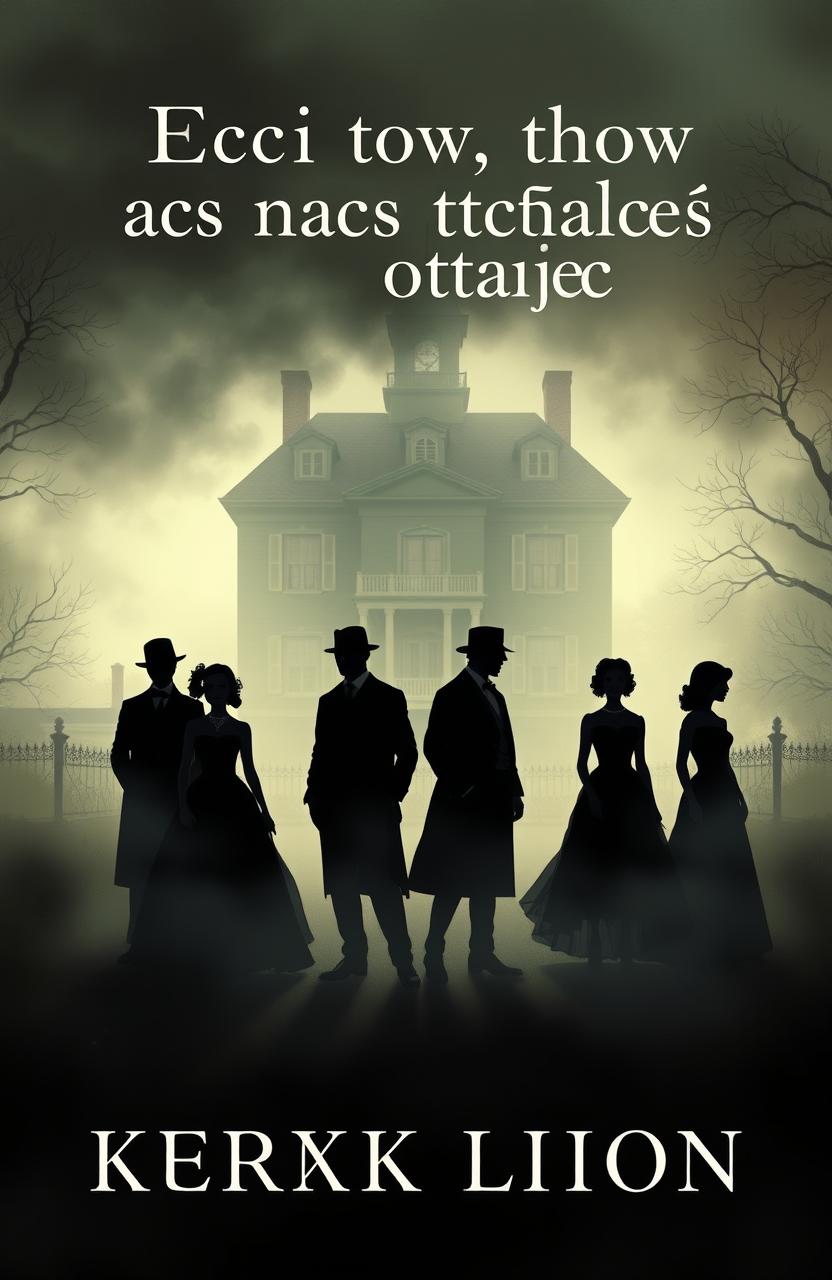 A mysterious and atmospheric cover illustration featuring six silhouettes shrouded in fog against the backdrop of a large three-story 19th-century house
