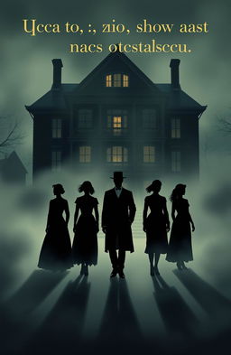 A mysterious and atmospheric cover illustration featuring six silhouettes shrouded in fog against the backdrop of a large three-story 19th-century house