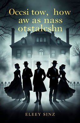 A mysterious and atmospheric cover illustration featuring six silhouettes shrouded in fog against the backdrop of a large three-story 19th-century house
