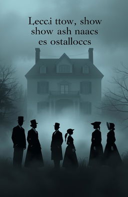 A moody illustration featuring six silhouettes in fog, set against the backdrop of a large 19th-century three-story house