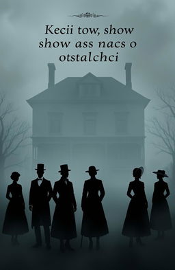 A moody illustration featuring six silhouettes in fog, set against the backdrop of a large 19th-century three-story house