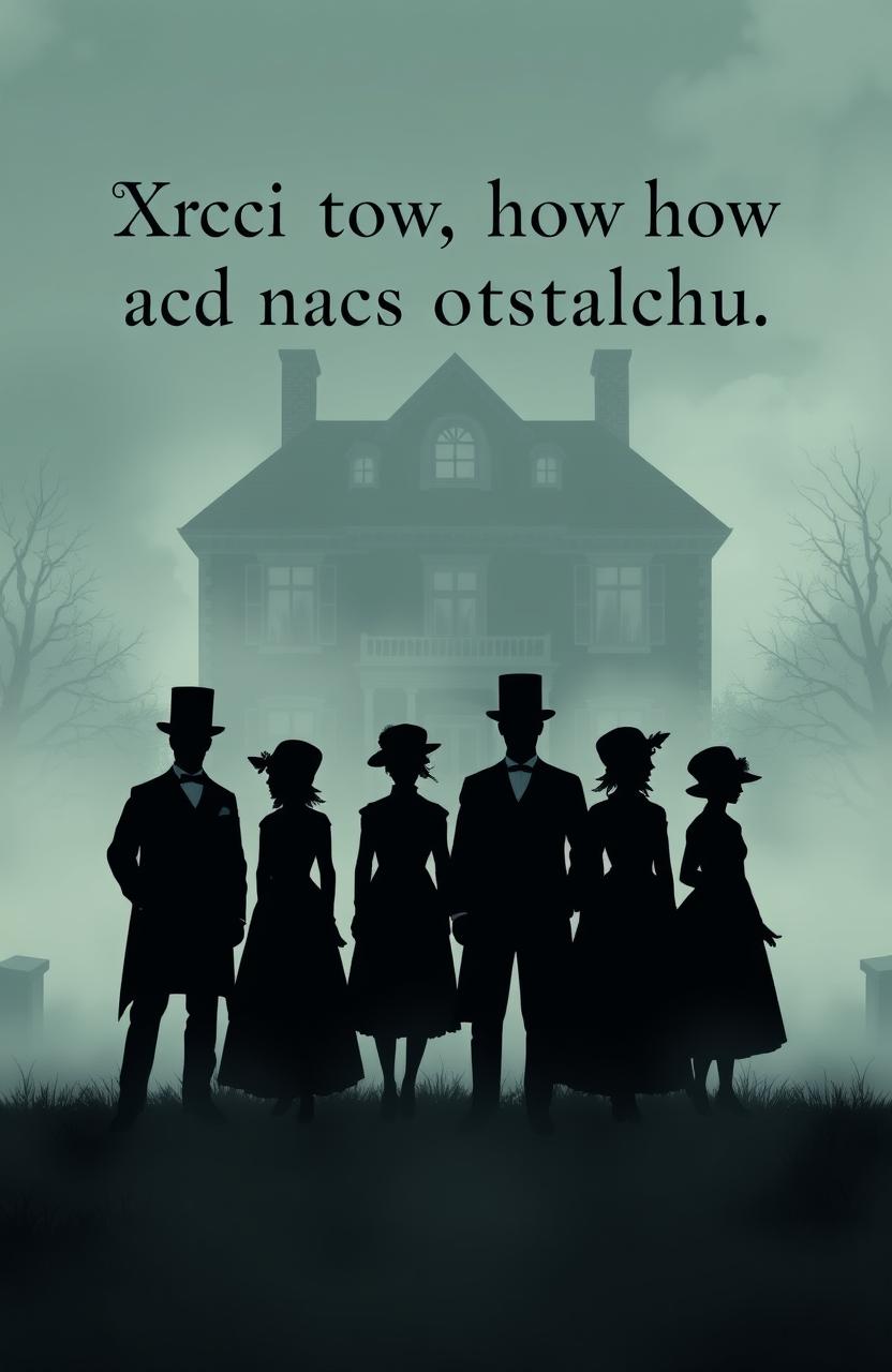 A moody illustration featuring six silhouettes in fog, set against the backdrop of a large 19th-century three-story house