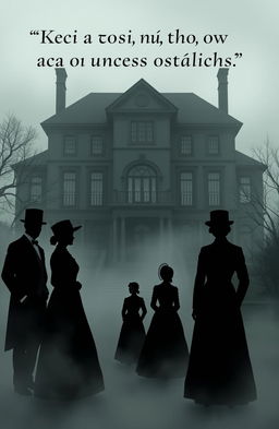 A moody illustration featuring six silhouettes in fog, set against the backdrop of a large 19th-century three-story house